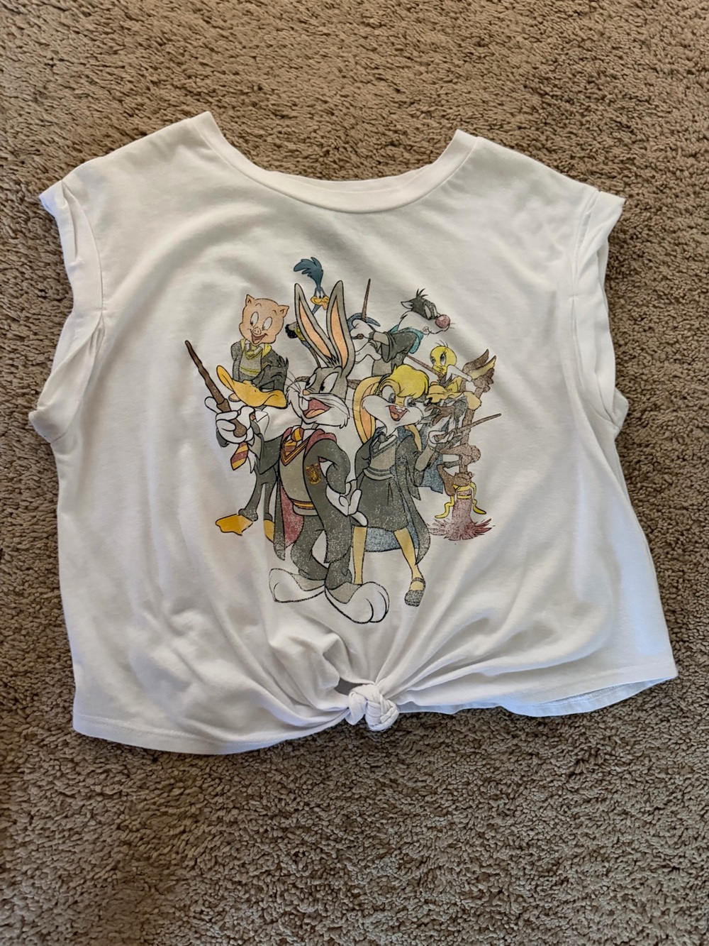 White' Tie-Front Graphic Tee - Looney Tunes dressed as Harry Potter